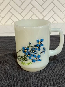 VTG Bluets Milk Glass Anchor Hocking Fire King Mug Cup Blue Floral Flower - Picture 1 of 2