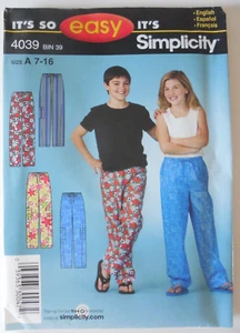 Simplicity Easy Sewing Pattern  #4039,   Girls' & Boys'  Pants,   Size A   7-16 - Picture 1 of 2
