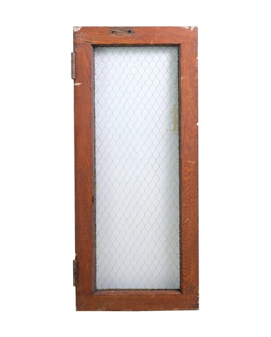 Antique Oak Frame Pebbled Chicken Wire Glass Window Cover