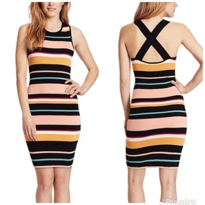 ELLA MOSS Dress Medium Black Pink Striped Bodycon Fitted Sweater Sleeveless New - Picture 1 of 14