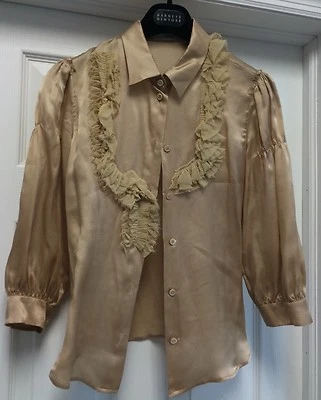Prada Women’s Gold Beige Blouse 100% Silk 3/4 Sleeves Ruffles Size 40 $1.5k - Image 1 of 4