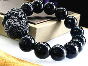 14mm Boutique Natural Black Agate Pixiu Bracelet - Picture 1 of 6