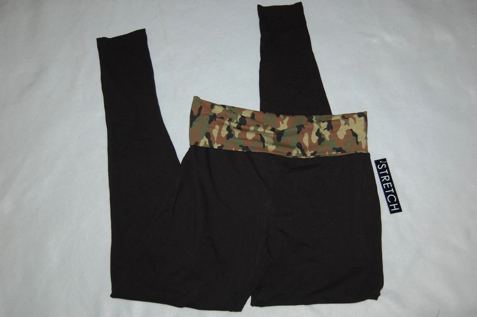 Womens Leggings BLACK Fold Top Waistband CAMO Stretch Pants M 8-10 - Image 1 of 1