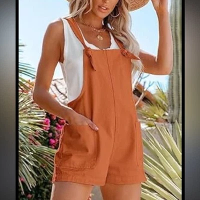 Dee Elly terracotta Linen Blend Romper S Pockets Summer Beach Casual - Image 1 of 4