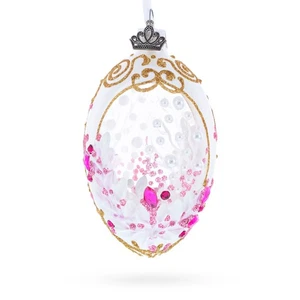 Pink Pearls on Clear Glass Egg Ornament 4 Inches - Picture 1 of 5
