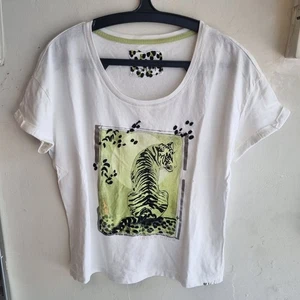QUI Green Hour White Cotton T Shirt Womens 42IT 6US Tiger Art Print - Picture 1 of 5