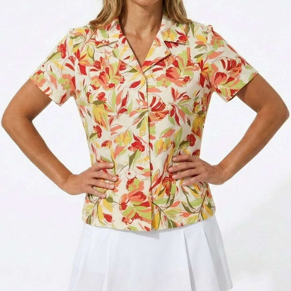 Blusa Liz Golf Vintage 100% Seda Estampa Floral Tropical Manga Curta Grande Top - Imagem 1 de 4