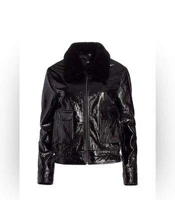 Chaqueta de charol con cuello de piel sintética 7 For All Mankind precio de venta sugerido por el fabricante $695  Foto 1 de 4
