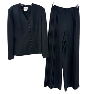 Joseph Ribkoff Size US 8 Black Shimmer Pleated Wide Leg Button Front Top Set - Picture 1 of 11