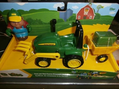 John Deere Kids Playset Fun on the Farm Garden Tractor Loader Wagon Farmer Hay - Image 1 of 3