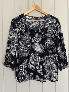 Talbots Top L Large Navy Blue White Paisley Tie Neck 100% Rayon 3/4 Sleeves - Picture 1 of 6