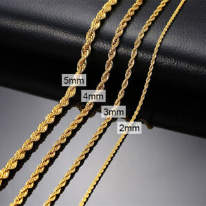 Gold Color 2-5MM Twisted Rope Chain Necklace 16" - 36" Mens Womens Necklace