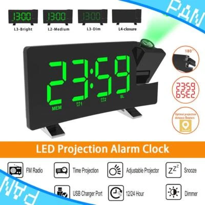 LED FM Radiowecker mit Projektion Digital Funkuhr Dimmbar Tischuhr Alarm USB Neu - Bild 1 von 4