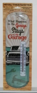 #62405 What Happens In The Garage Tin Thermometer by Countryside Products - Picture 1 of 3