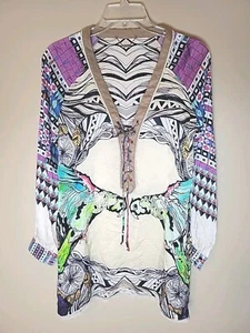 Custo Barcelona Silk Tunic Lagenlook Art Boho Abstract Bird Colorful Top Sz M - Picture 1 of 14