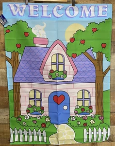 Welcome Flag Garden Large Flag 28" X 40" Small House White Picket Fence New - Picture 1 of 5