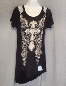 Damen schwarz weiß T-Shirt Gesang USA Top Kreuz asymmetrischer Ausschnitt mit Mängeln - Bild 1 von 11