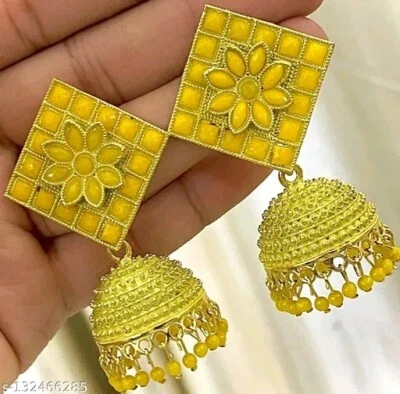 Indian Gold Plated Bollywood Style Kundan Jhumka Earrings Enameled Jewelry Set - Image 1 of 4