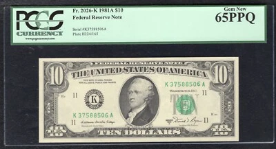 FR. 2026-K 1981-A $10 FRN FEDERAL RESERVE NOTE DALLAS, TX PCGS GEM UNC-65PPQ - Image 1 of 2