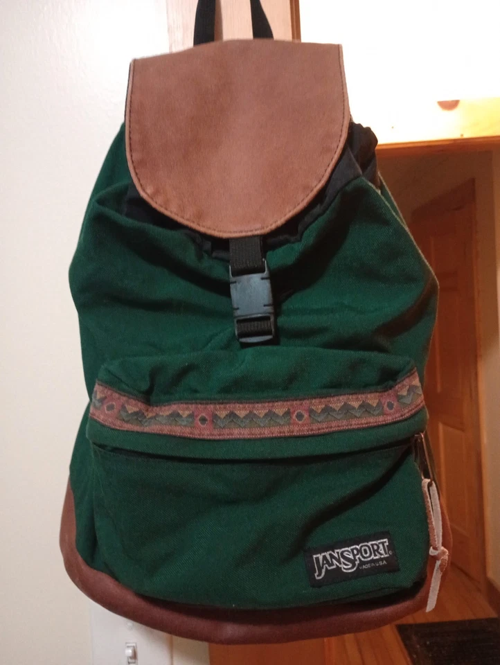 Vintage 90s Jansport USA Leather Bottom Backpack Aztec Southwestern Drawstring - Image 1 of 4