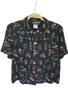 VTG John Roberts Women Black Abstract Geometric Collared Button Up Shirt Size 12 - Picture 1 of 13