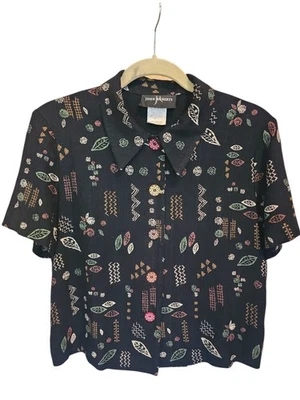 Camisa De Colección John Roberts Mujer Negra Abstracta Cuello Geométrico Abotonada Talla 12 Foto 1 de 4
