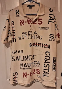 Nautica Polo Shirt Mens Large SS Sailing Surf Casting Sea Watching Spellout - Picture 1 of 6