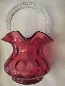 VINTAGE CRANBERRY COIN DOT FENTON BASKETWITH CLEAR TWISTED HANDLE - EUC - Picture 1 of 6