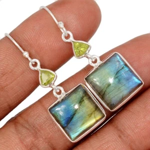 Natural Multi Fire Labradorite & Peridot 925 Silver Earrings Jewelry CE48494 - Picture 1 of 1