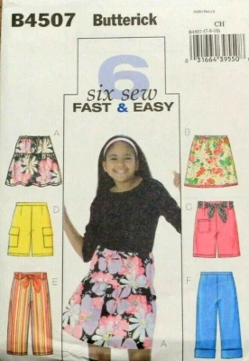 Butterick 4507 Girls Skirts, Shorts & Capri Pants 6 Styles Sewing Pattern 7-8-10 - Image 1 of 2