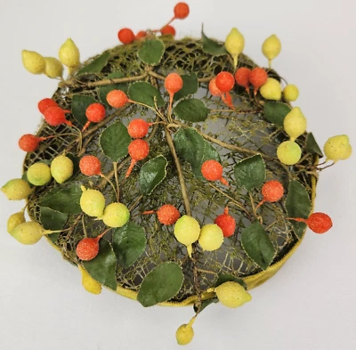 VTG 1950s Women's Green Velvet Ribbon Mesh Pill Box  Hat Lemons Oranges Leaves - Image 1 of 4