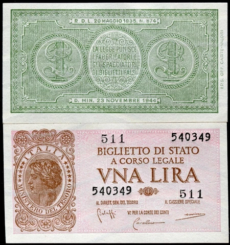 Italy 1944 1 Lire WW2 | Uncirculated Banknote | Pick 29.b | Free Shipping | DS38 Cover