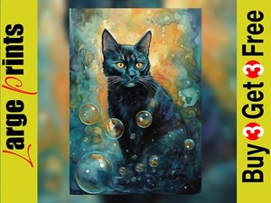 Whimsical Delights: Black Cat Watching Falling Soap Bubble Watercolor Print - Picture 1 of 5