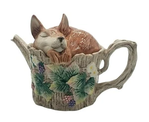 VTG 1990 Fitz and Floyd Sleeping Fox Teapot Painted RETIRED Dimensional Sweet - Picture 1 of 12