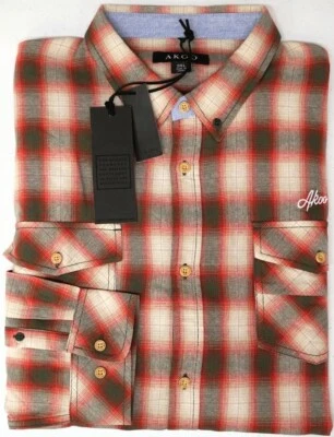 AKOO Red Green Tan Plaid Shirt Mens Long Sleeve 791-0606 Codes Woven $89 - Image 1 of 3