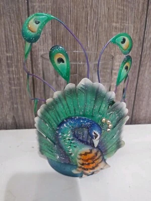pier one metal peacock tealight candle holder with glass - Image 1 of 2