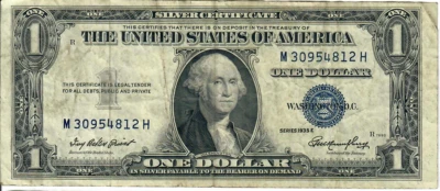 1935E 1$ Silver Certificate - Blue Seal, No Motto - IBP/GMH M30954812H - #13477 - Image 1 of 2