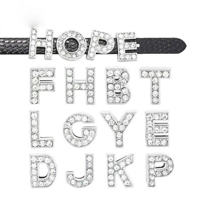 26 Silver Alloy Rhinestone Alphabet Letter "A-Z" Slide Charm Fit 10mm Wristbands - Image 1 of 4