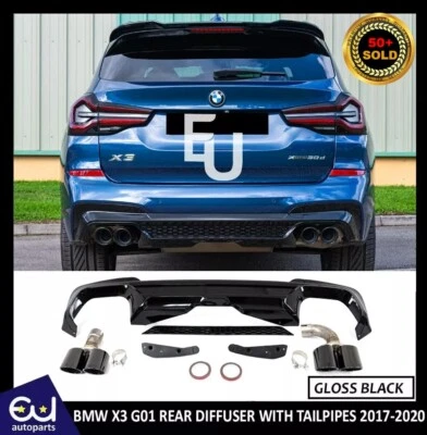 FOR BMW X3 G01 MP STYLE X3M REAR DIFFUSER WITH TAILPIPE GLOSS BLACK 17-20 - Image 1 of 4