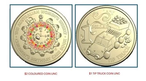 2025 $2 UNC BIRTHDAY CAKE COLOURED COIN & $1 TIP TRUCK - 2 COINS AWW - Picture 1 of 3