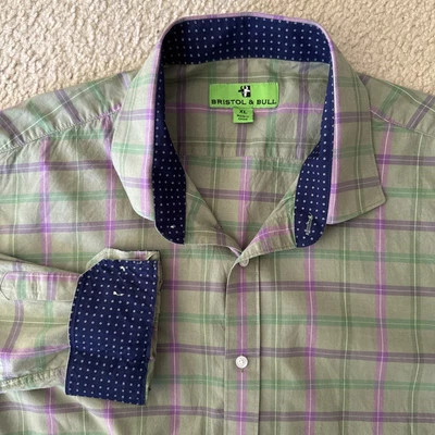 Camisa Bristol & Bull verde/lavanda a cuadros con botones puño abatible para hombre XL Foto 1 de 4