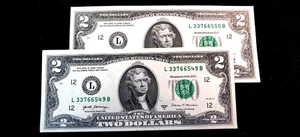 (2) 2017 A GREEN SEAL  $2 TWO DOLLAR BILLS ` CONSECUTIVE SERIAL NUMBERS #49 & 50 - Picture 1 of 4
