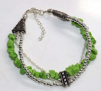 Bonita pulsera de piedras preciosas enchapada en plata 925 con cuentas de calcedonia verde 10" GW Foto 1 de 3