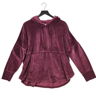 DKNY Women's Velour Hoodie Tunic Medium Maroon Pull Over Tulip Hem Dolman Sleeve - Image 1 of 4