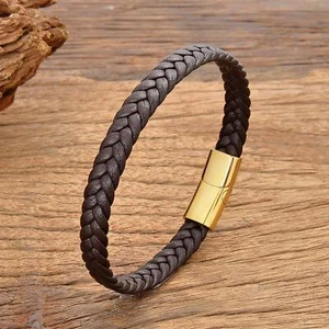 Simple Classic Stainless Steel Bracelet for Women & Men, Braided Leather Bangle - Picture 1 of 34