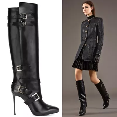 37 VINTAGE $1560 ROBERTO CAVALLI RUNWAY Black Leather BUCKLE Winter KNEE BOOTS - Image 1 of 4