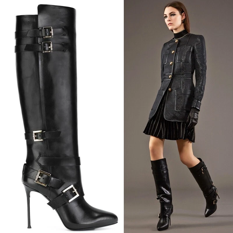37 BOTAS DE RODILLA ROBERTO CAVALLI RUNWAY VINTAGE $1560 HEBILLA DE CUERO NEGRO INVIERNO Foto 1 de 4