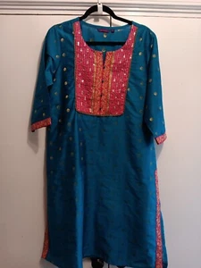 Ladies Size XL *SRISHTI* Indian Peacock Blue Sequin Gold Embroidered Tunic Top - Picture 1 of 10