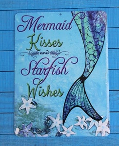 Mermaid Kisses Starfish Wishes Metal Sign, 12”x9" Novelty Ocean Wall Decor - Picture 1 of 3