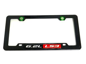 6.2L LS3 CARBON FIBER LOOK LICENSE PLATE FRAME W/ 2 GREEN WASHERS & BOLTS